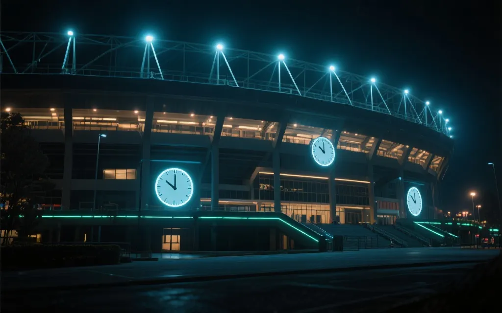 赛场外夜色与灯光下的售票倒计时意象图