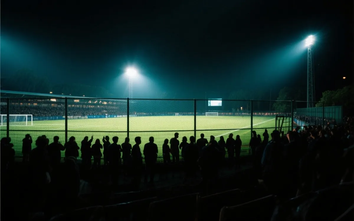 世界杯四分之一决赛夜晚球场外的球迷人潮与灯光氛围