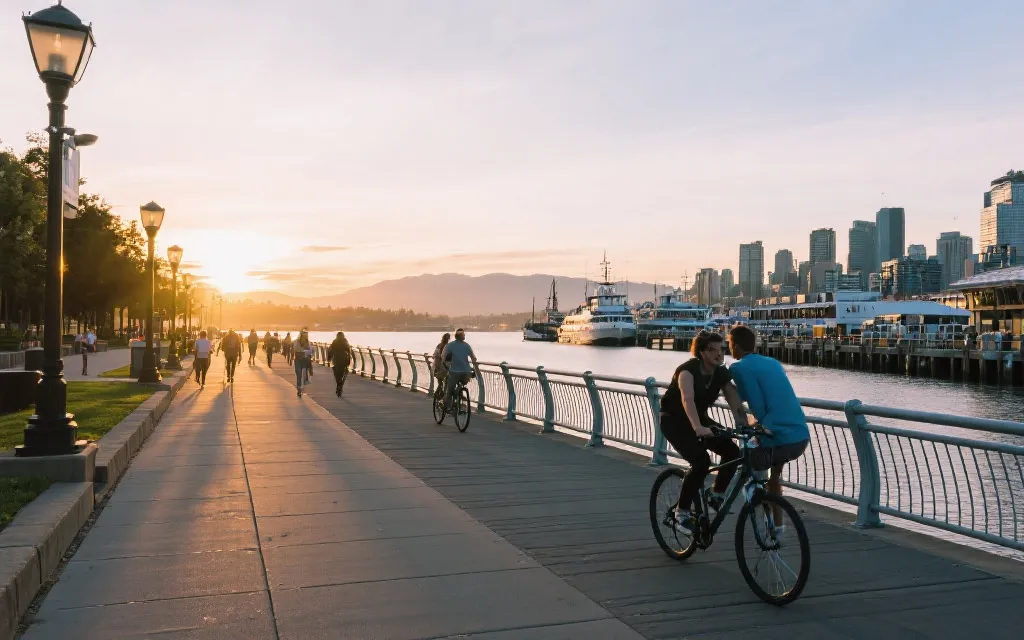 海滨步行与骑行线路的温哥华城市出行示意
