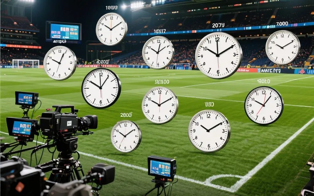 多个时区的钟表与电视转播画面叠加，象征世界杯决赛开球时间的全球协商